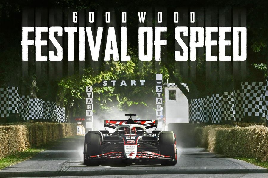 Haas F1 team with Bearman and Ocon at the Goodwood Festival of Speed