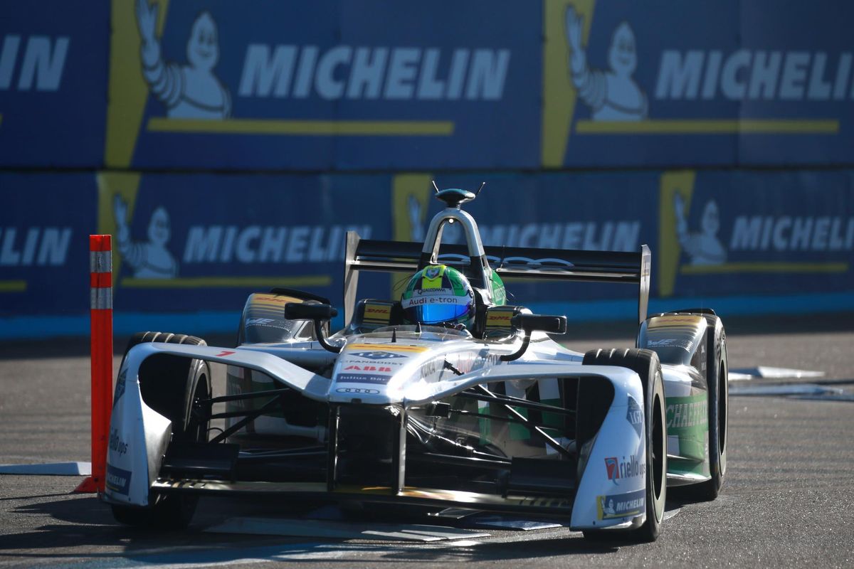 Defending Champion Lucas di Grassi on the podium in Formula E at Punta del Este