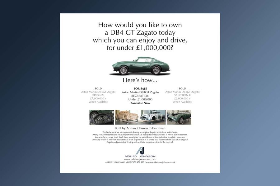 Aston Martin DB4 GT Zagato Recreation magazine advert for Adrian Johnson