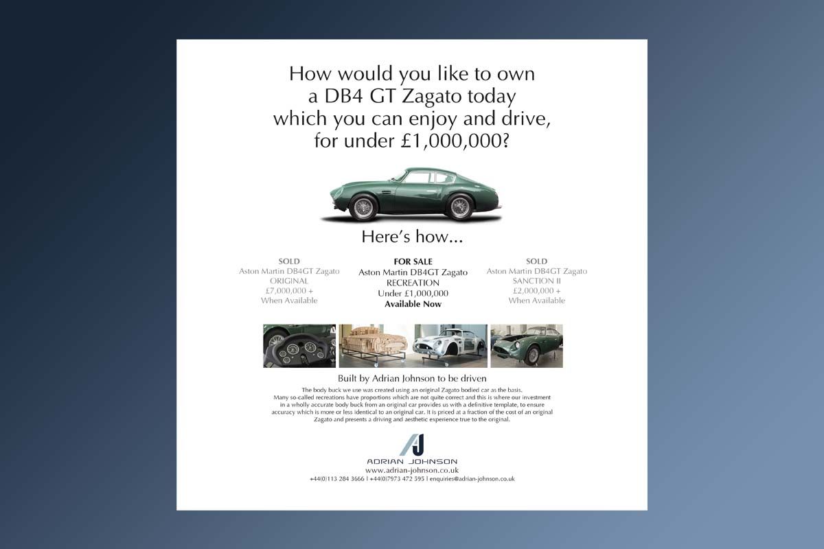 Aston Martin DB4 GT Zagato Recreation magazine advert for Adrian Johnson