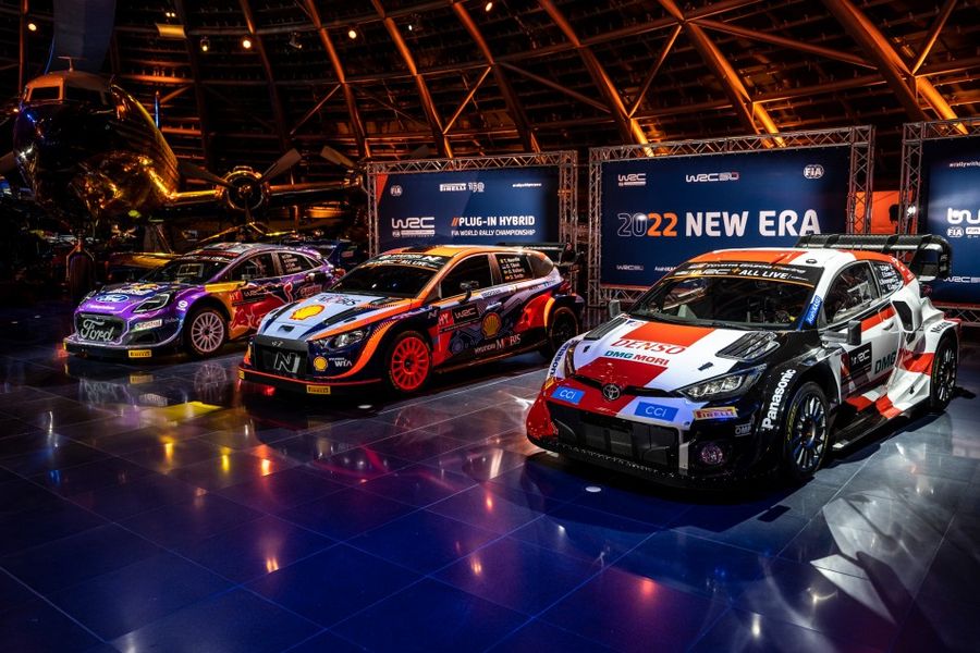 Covers come off the all-new Rally1 cars during live WRC Hangar-7 launch event