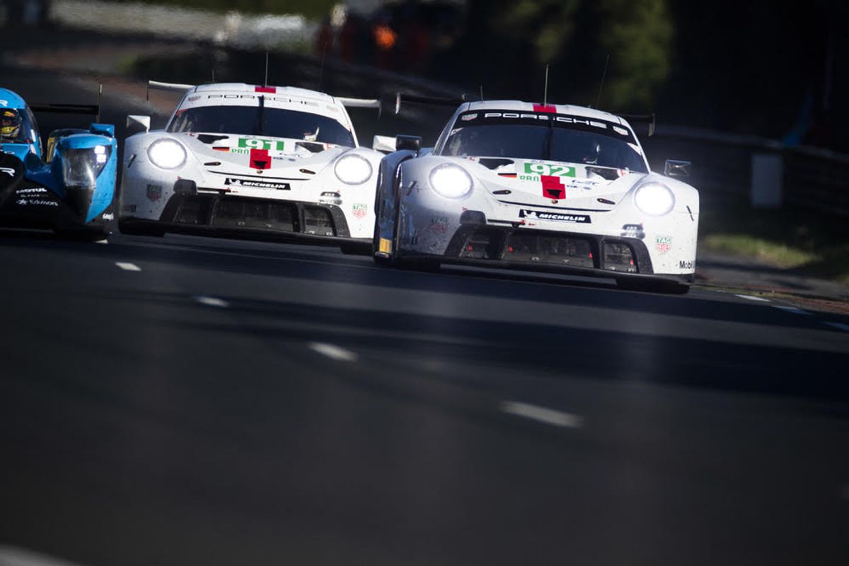 Porsche 911 RSR leads the fiercely contested Le Mans GTE-Pro class